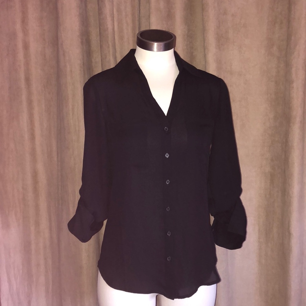 Sheer Black Express Button Down V-Neck Shirt Size… - image 1